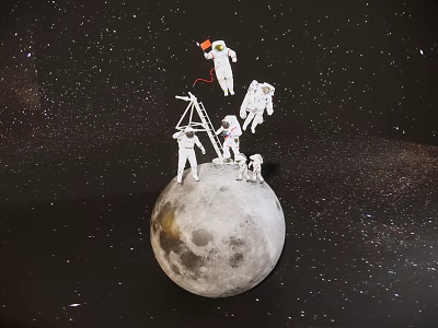 Multiple Astronauts on Detailed Moon Model with Starry Space Background 3d model
