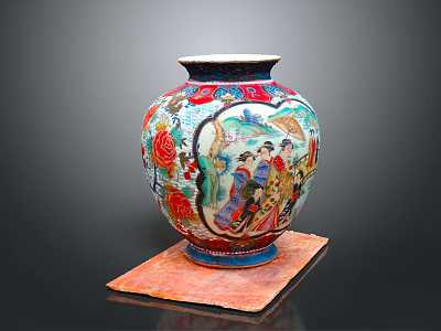 Traditional Decorative Vase As Daily Living Essential With Colorful Floral Figure Patterns On Red Mat 3d model