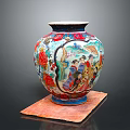 Traditional Decorative Vase As Daily Living Essential With Colorful Floral Figure Patterns On Red Mat