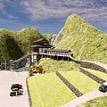 Ancient Architecture on Mountain Slope With Traditional Roof Stone Bridge and Flowing Stream