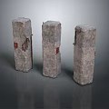 Three Textured Stone Pillars With Red Accents On Gray Reflective Surface 3d model