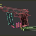 Black Modern Pistol With Shiny Bullets And Magazine On Reflective Surface