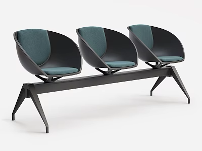 Modern Public Three Seat Chair With Black Frame And Blue Cushion Design 3d model