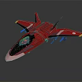 Red Fighter Jet Model with Blue Cockpit and Yellow Wing Tips on Dark Backdrop