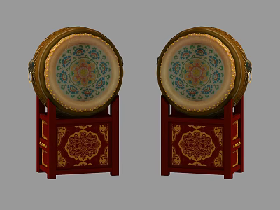 Traditional Musical Instruments Drums Featuring Golden Rims And Painted Patterns On Red Wooden Stands 3d model