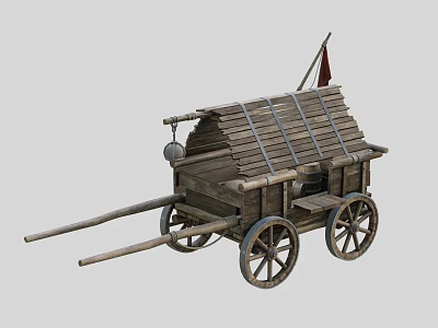 Traditional Wooden Carriage With Shafts Roof Planks Metal Straps And Spoked Wheels 3d model