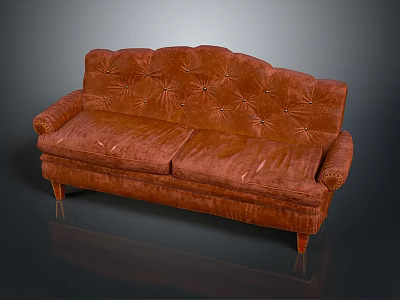 Elegant Vintage Orange Sofa With Tufted Buttons And Wooden Legs For Living Room 3d model