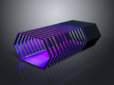 Cartoon Scene Showcasing Geometric Striped Structure With Purple Blue Lighting And Reflective Surface 3d model