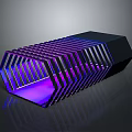Cartoon Scene Showcasing Geometric Striped Structure With Purple Blue Lighting And Reflective Surface
