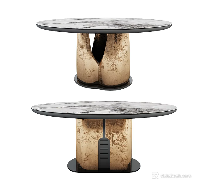 Modern Round Table With Marble Texture Top And Wooden Support Base Design 3d model 