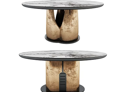 Modern Round Table With Marble Texture Top And Wooden Support Base Design 3d model