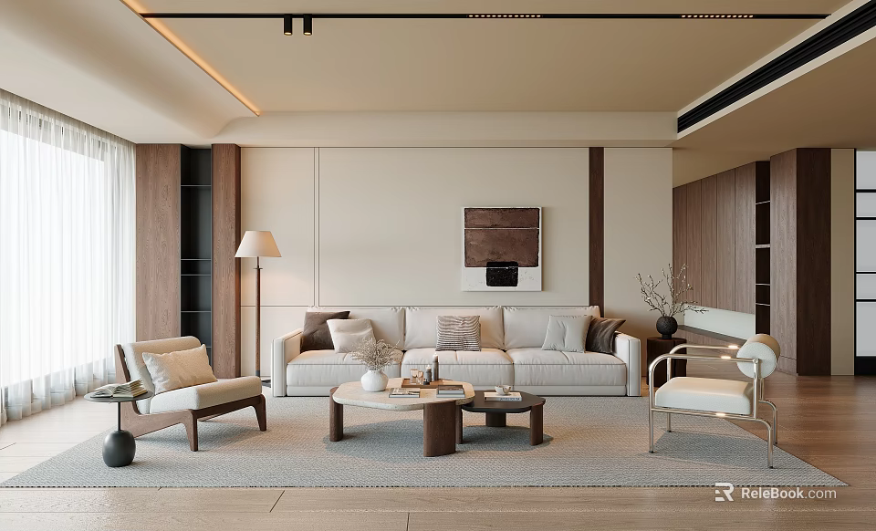 Bright Warm Modern Minimalist Living Room With Comfortable Sofa And Natural Wood Interior Design 3d model 