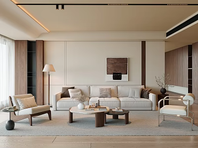 Bright Warm Modern Minimalist Living Room With Comfortable Sofa And Natural Wood Interior Design 3d model