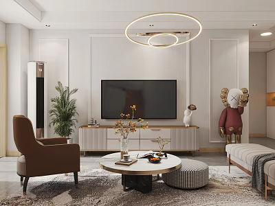 Modern Living and Dining Room Interior With TV Stand Round Coffee Table And Ceiling Lights 3d model