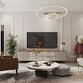 Modern Living and Dining Room Interior With TV Stand Round Coffee Table And Ceiling Lights
