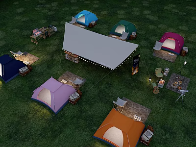 Outdoor Camping Canopy with Multiple Colorful Tents on Grass Lawn Setup 3d model