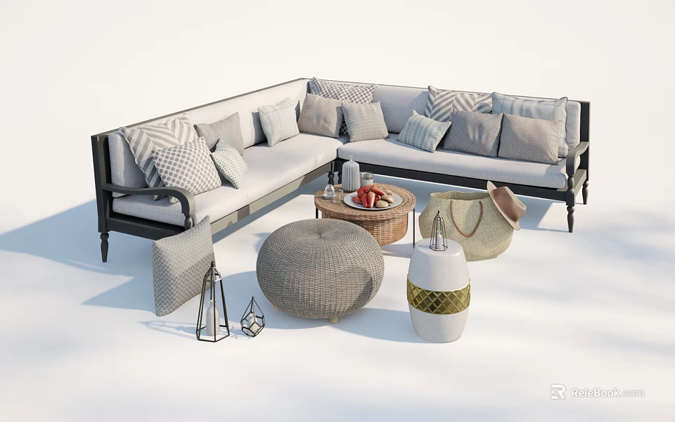 Stylish Sectional Sofa With Patterned Cushions Ottoman And Decorative Coffee Table 3d model