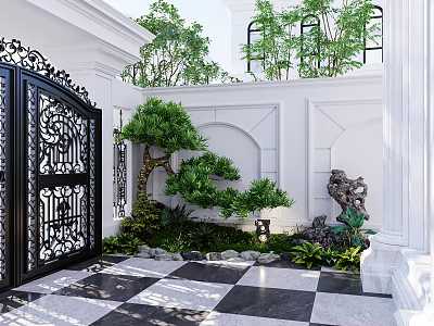Elegant Garden Landscape With Black Iron Gate White Walls Shaped Tree And Checkered Path 3d model