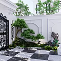 Elegant Garden Landscape With Black Iron Gate White Walls Shaped Tree And Checkered Path