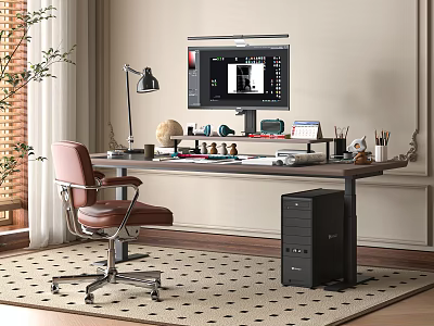 Stylish Work Desk with Computer Monitor Lamp Stationery and Leather Chair by Window Plant 3d model