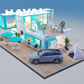 HAVAL Coffee Bar With Blue White Container Structure And Silver SUV Car Near Tower