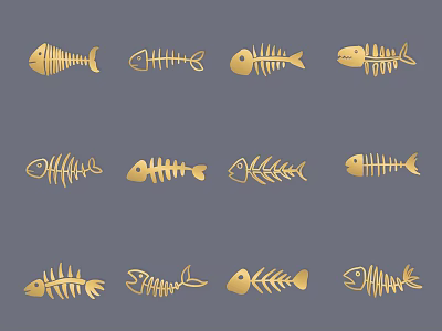 Multiple Golden Fish Skeleton Designs With Various Styles On Gray Background 3d model