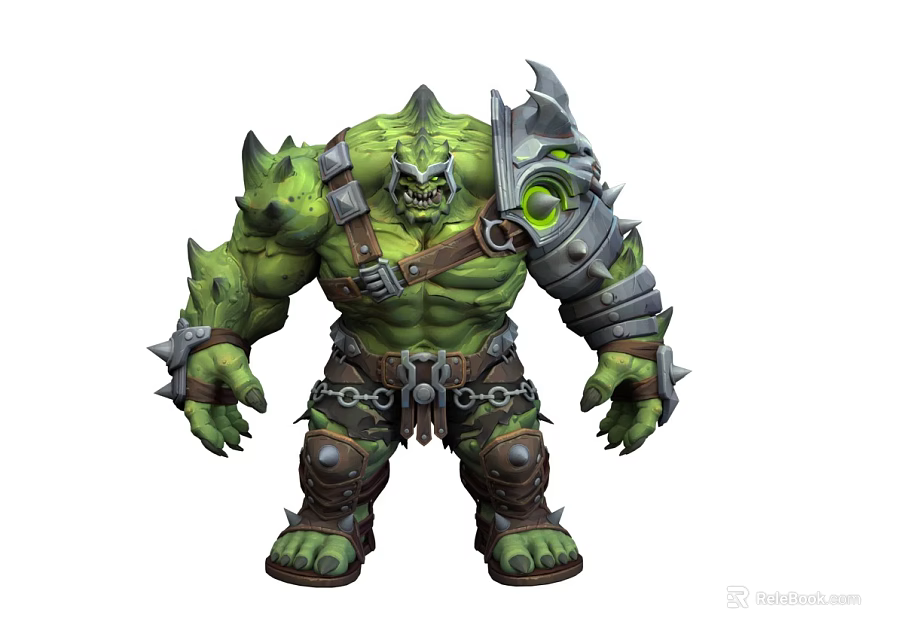 Green Muscular Fantasy Character And Fierce Spiked Metal Armor Creature With Chains 3d model 