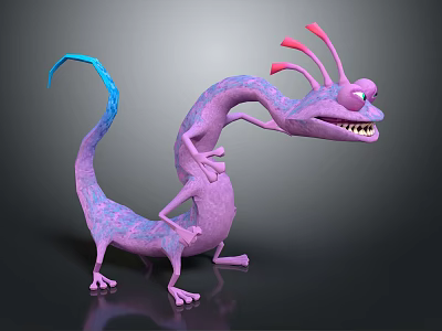Purple Fantasy Creature Standing With Long Body Pink Antennae Blue Tail Open Mouth And Legs 3d model
