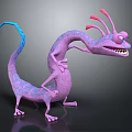 Purple Fantasy Creature Standing With Long Body Pink Antennae Blue Tail Open Mouth And Legs