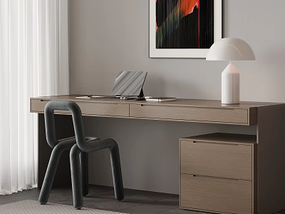 Modern Wooden Desk and Gray Chair Set with Laptop Table Lamp and Abstract Painting 3d model