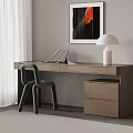 Modern Wooden Desk and Gray Chair Set with Laptop Table Lamp and Abstract Painting