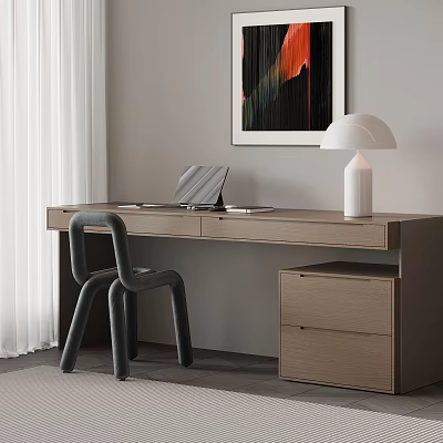 Modern Wooden Desk and Gray Chair Set with Laptop Table Lamp and Abstract Painting 3d model