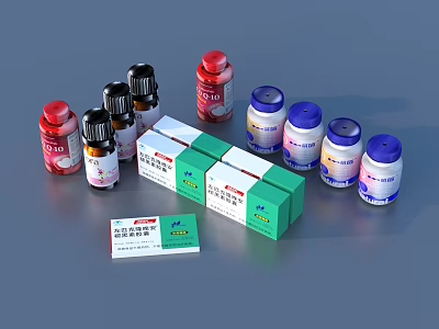 Various Colored Medicine Bottles And Pill Boxes For Daily Healthcare Supplies 3d model