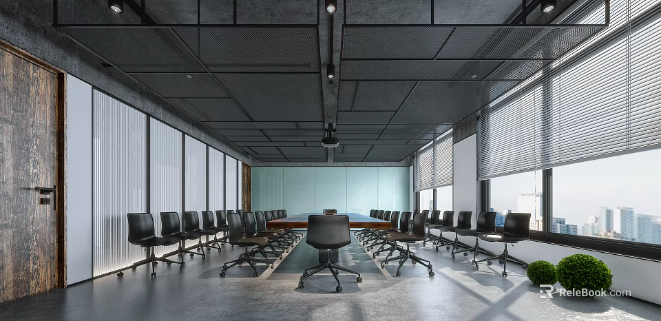Modern Conference Room With Long Table Black Chairs Ceiling Lights And Large Windows 3d model 