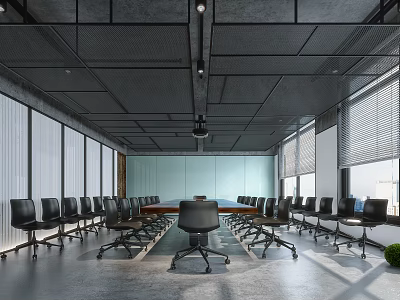 Modern Conference Room With Long Table Black Chairs Ceiling Lights And Large Windows 3d model