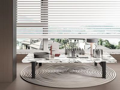 Modern Marble Coffee Table With Black And White Spiral Rug And Decorative Items 3d model