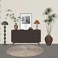 Modern Brown Dresser With Potted Plants Lamps Framed Art And Decorative Rug