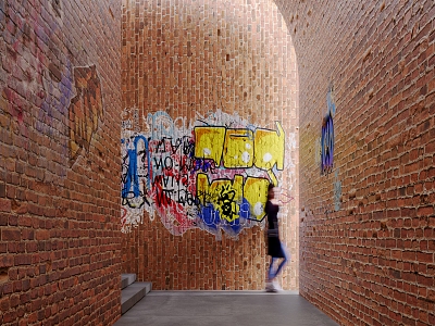 Industrial style graffiti aisle character cement staircase red brick 3d model