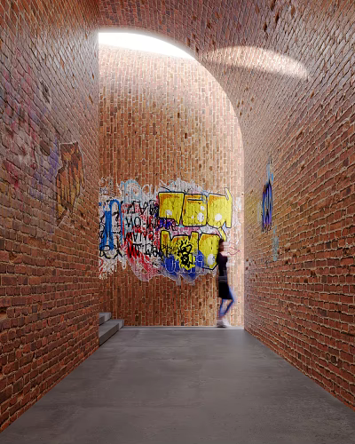 Brick Walls With Graffiti Art In Passage And Pedestrian 3d model