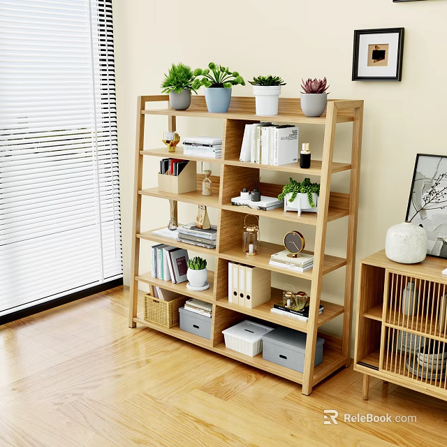 Modern Wooden Bookshelf With Books Potted Plants Storage Boxes And Decor In Living Room 3d model 