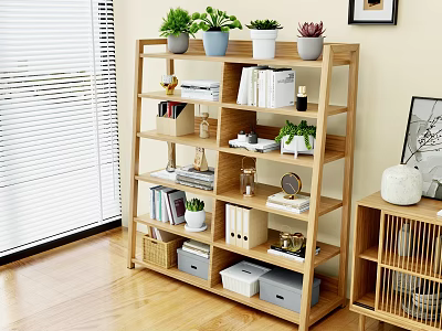 Modern Wooden Bookshelf With Books Potted Plants Storage Boxes And Decor In Living Room 3d model