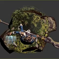 Red Haired Character With Blue White Outfit Holding Staff And Glowing Magic On Mossy Base