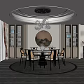 Elegant Restaurant Interior Design With Round Dining Table Chandelier Circular Decorative Painting And Area Rug