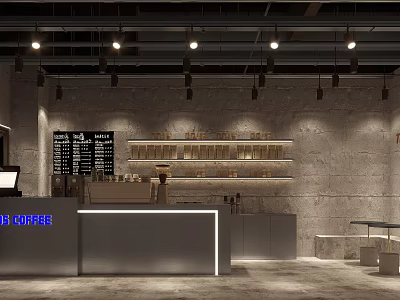 Industrial Style Bubble Tea Shop Interior With Hanging Lights Menu Board Concrete Counter And Shelves 3d model