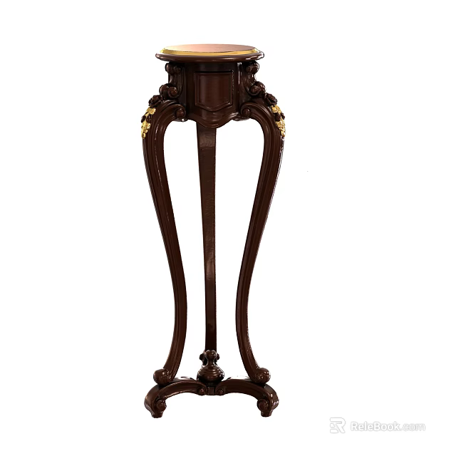 Elegant Traditional Wooden Plant Stand With Carved Details Curved Legs And Round Top Design 3d model 