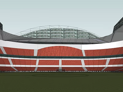 Modern Stadium Architecture Featuring Red And White Seating With Large Steel Roof Structure 3d model
