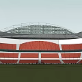 Modern Stadium Architecture Featuring Red And White Seating With Large Steel Roof Structure