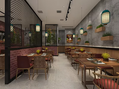 Modern Restaurant Interior With Brick Wall Wooden Planters Lantern Style Lights And Dining Tables Chairs 3d model