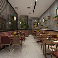 Modern Restaurant Interior With Brick Wall Wooden Planters Lantern Style Lights And Dining Tables Chairs