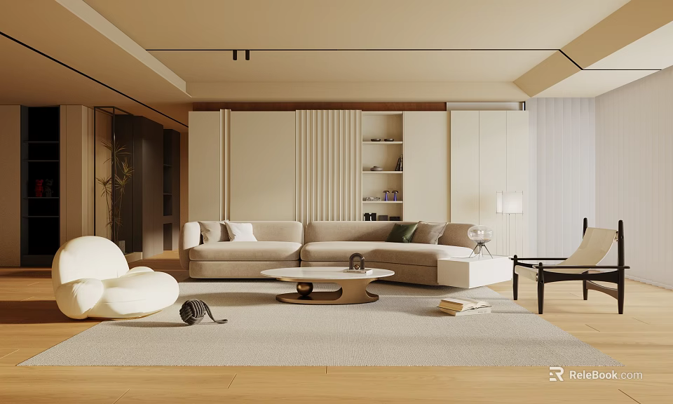 Modern Living Room Interior With Beige Sofa Round Coffee Table Storage Cabinets And Area Rug 3d model 